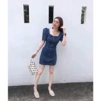 ราคา เดรสยีนส์แขนพัฟ คอเหลี่ยม ซิปหน้า หน้ารักมาก (18705048027)