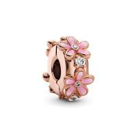 ราคา 925 sterling silver rose gold Inlaid shiny zirconia Pink Daisy Spacer Clip Charm fit pandora bracelet women fashion DIY jewelry valentines day gift for girlfriend (13228334591)