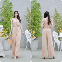 ราคา เสื้อครอปแขนระบาย ทรงคอเหลี่ยมติดกระดุมหน้าสีดำ มาพร้อมกางเกง (20652524654)