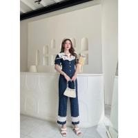 ราคา จั๊มสูทขายาว ผ้ายีนส์ทอลายดอก อกแต่งลูกไม้ระบาย งานสวย งานกระแสค๊า Size S XL งานป้าย CLT (20666281991)