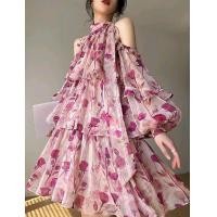 ราคา งานนำเข้า XL oversize เดรส สีชมพู ระบายชั้นๆ เปิดไหล่ ผูกคอ น่ารักมากๆ เดรส สาวอวบ (19579764689)