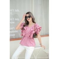 ราคา เสื้อคอวีหน้า วีหลัง ระบายแขน 3ชั้น ขนาดฟรีไซร้ (16218815987)