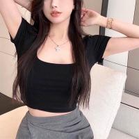 ราคา เสื้อเสื้อครอปคอเหลี่ยมแขนสั้น เอวลอย ผ้าเรย่อน เอวลอย ผ้าเรย่อน เสื้อแฟชั่นผญ2023 (17292072439)