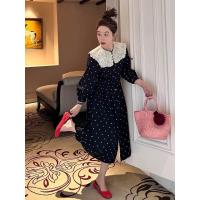 ราคา เดรสยาวลายจุดสีดำปกลูกไม้ขาวป้ายYPY (20706589000)