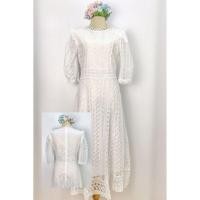 ราคา เดรสลูกไม้ขาวชุดไปวัด M 4XL Maxi Dress เดรสสีขาวผ้าปักลายแขนสามส่วน งานป้าย Love love (17905696469)