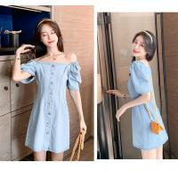 ราคา Korea Beauty Club เดรสยีนส์ mandy แบบใหม่ แฟชั่นผู้หญิงฤดูร้อนยีนส์พิมพ์หลวม V คอสั้นแขนเข่าความยาวชุด code01850 (2973642969)