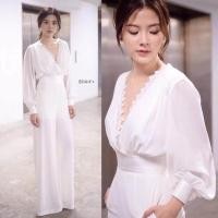 ราคา Jumpsuit ชุดจั้มสูทขายาวทรงหรู แต่งทรงบอลลูนพองๆ จั้มชีฟองขายาวสีขาว (751700158)