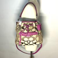 ราคา กระเป๋าถือ COACH แท้ ผ้าลาย Signature สายหนัง มีสายยาว มีตำหนิที่หนัง ลดราคาขาดทุน Clearance COACH 25675 Daisy Outline Signature Drawstring Handbag Magenta Clearance (20841368369)