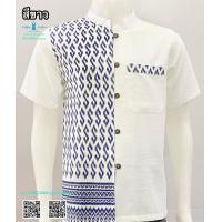 ราคา เสื้อผ้าฝ้ายกัดพิมพ์ลายขอ คอจีนแขนสั้น สีขาว (17990096051)