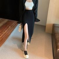 ราคา Dahong กระโปรงถักยาว เอวสูง ผ้าถัก ผ่าข้าง ยาวปานกลาง ยืดหยุ่น p4354 (20931616275)