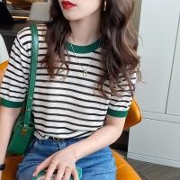 ราคา เสื้อยืด ผ้าไหมพรม คอกลม แขนสั้น ดีไซส์ลายริ้ว แต่งสีกุ้นคอกุ้นแขน เสื้อผ้าแฟชั่นสไตล์เกาหลี 614 (21006641256)