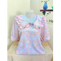 ราคา เสื้อคอบัวระบายแขนสั้นลายดอก ผ้าไหมอิตาลี ผ้านิ่มเนื้อดี ตัวผ้าไม่บางใส่สบายไม่ร้อน อก42 ยาว 24 นิ้ว (20937464137)