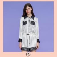 ราคา asv aw23 Icy Striped Shirt เสื้อเชิ้ตผู้หญิง แขนยาว แต่งกระเป๋าหน้าผ้าฉลุลายผสมผ้าตาข่าย แต่งกุ๊นผ้าซาตินด้านหน้า แต่งกระดุมหน้า ผ้าลายทาง (20886855051)