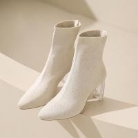 ราคา Bot Modis สำหรับผู้หญิงส้นโปร่งใสสไตล์เกาหลีปลายแหลมใหม่ส้นสูงถักรองเท้าบู๊ตหุ้มข้อรองเท้าส้นตึก (20131515459)