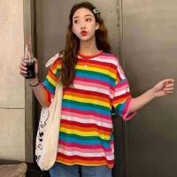 ราคา FASHIONJEANS SHOP เสื้อลายทางเส้นเล็กสีรุ้ง แบบใหม่สไตล์เกาหลี Oversize 009 (5936218187)