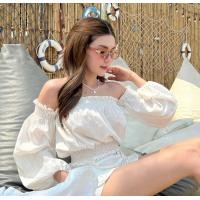 ราคา GoodLucky สม็อคปาดไหล่แขนยาว ทรงลูกคุณมากค่า ผ้าลายเส้นน่ารัก รับซัมเมอร์ เสื้อไปทะเล (19193943634)