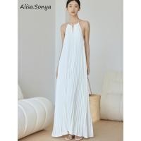 ราคา Alisa sonya ชุดเดรสยาวเสื้อเปิดไหล่แขนกุดคอแบบแขวนสีขาวสำหรับผู้หญิงชุดเดรสทรงหลวมจับจีบลูกไม้เปิดหลังชุดเดรสชุดปลายกระโปรงบานวันหยุดสไตล์วันหยุด (21236756511)