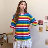 ราคา FASHIONJEANS SHOP เสื้อลายทางเส้นเล็กสีรุ้ง แบบใหม่สไตล์เกาหลี Oversize 009 (5936218181)