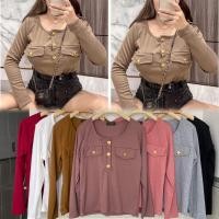 ราคา จัดส่งทันที ต๋องแฟชั่น อก38 46 ยาว23 แขนยาวผ้านิ่มมากกระดุมทองแต่งกระเป๋าสามเหลี่ยมแขนยาว (16960311611)