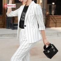 ราคา ชุดสูทผู้หญิงและกางเกง ลายทาง แขน3ส่วน สีดำ สีเหลือง สีขาว (14987025511)