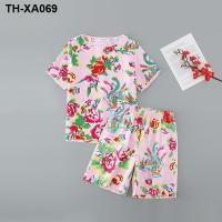 ราคา ภาคตะวันออกเฉียงเหนือดอกไม้ใหญ่ผ้าแฟชั่นส่วนบางของผู้หญิงเสื้อยืดกางเกงขาสั้นชุดกีฬาฤดูร้อนหลวมแขนสั้นด้านบนกางเกงลำลองน้ำ (19991715070)