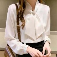 ราคา เสื้อเชิ้ตเกาหลี คอวีผูกโบว์ แขนยาวสลิม ใส่ทำงาน (21057602483)