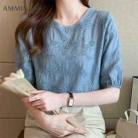 ราคา AMMIN เสื้อลูกไม้แขนสั้นของผู้หญิงเสื้อลูกไม้แขนพองคอกลมเสื้อลายลูกไม้ปักลายฉลุดีไซน์สไตล์เกาหลีฤดูร้อน (18002573386)