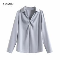 ราคา AMMIN เสื้อเชิ้ตผ้าชีฟองคอวีแต่งระบายแบบเรียบง่ายสำหรับฤดูใบไม้ร่วงเสื้อเชิ้ตผ้าซาตินคอวีกระดุมแถวเดียวแขนยาวเสื้อฉบับภาษาเกาหลีสำหรับผู้หญิงผ้าชีฟองเนื้อบาง (21034140406)