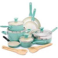 ราคา GreenPan Rio Healthy Ceramic Nonstick Cookware Pots and Pans Set 16 Piece Turquoise Cookware Pots and Pans Set 16 Piece Turquoise (10905867004)