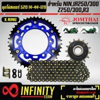 ราคา ชุดโซ่สเตอร์ NINJA250 300Z250 300R3 520 14 44 120L โซ่สเตอร์ สำหรับ NINJA 250 300Z250 300R3 สเตอร์หน้า JT 14 ฟัน สเตอร์หลัง 44 ฟัน INFINITY สีน้ำเงิน โซ่ JT 520 120 ASMXBLACK DL สีดำหมุดทอง X RING พระ
