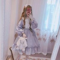 ราคา Japanese Gothic Lolita Dress Women Kawaii Bow Bear Lace Blue Dress Long Sleeve Princess Dress Halloween Costume Gift For Girls (14133799619)