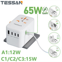 ราคา TESSAN 65W GaN Travel Adapter Fast Charging Universal Adapter with USB C Charger International PlugType C Adaptor Universal Adapter Worldwide Travel Adapter All in one Outlet Adapter Converter SG USA 