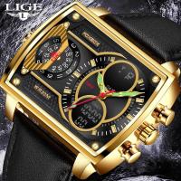 ราคา LIGE นาฬิกาใหม่สำหรับผู้ชายนาฬิกาข้อมือควอตซ์ดิจิทัลทรงสี่เหลี่ยมกันน้ำนาฬิกาสปอร์ตสำหรับผู้ชายนาฬิกาจอแสดงผลคู่ กล่อง (14277653338)