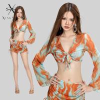 ราคา ชุดว่ายน้ำ 4 ชิ้น bikini เสื้อคลุม ผ้าคลุม ลายมัดย้อมสีคราม 0713 2393 (20372654953)