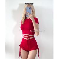 ราคา ชุดเซ็ทออกกำลังกาย กางเกงรูดข้าง เสื้อผูกเอว ชุดสายฝอ เสื้อครอปแขนสั้น ฟรีไซส์ XS M (14045787494)