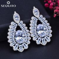 ราคา Sepj เครื่องประดับแฟชั่นสำหรับเจ้าสาวคุณภาพสูงสีขาวทองเพชร CZ ทรงหยดน้ำยาวดีไซน์ดอกไม้ใหญ่ต่างหูระย้าสำหรับงานแต่งงาน SE162 (19477386319)