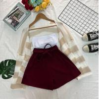 ราคา ชุดเซ็ต3ชิ้นเสื้อคลุมบางลายทาง สายเดี่ยว กางเกงอัดพลีท (19359816377)