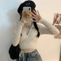 ราคา Dahong เสื้อแขนยาวไหมพรมผู้หญิงรัดรูป เสื้อครอปแขนยาวไหมพรมหน้าวี สายผูกเอว ครอปสายฝอ 51934 (20932090226)