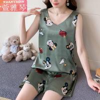 ราคา ผู้หญิงชุดนอนน่ารักพิมพ์รูปแบบชุดนอนผ้าไหม V คอเซ็กซี่ Pijama ซาติน Night ชุดสวมใส่แขนกุดเสื้อและกางเกงขาสั้น (8574593877)