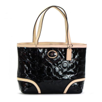 ราคา กระเป๋า Coach แท้ หนังแก้ว ลาย Signature สายหนังแท้ ใบเล็ก เบา COACH 48166 SIGNATURE EMBOSSED PATENT TOP HANDLE TOTE Black (21288224358)