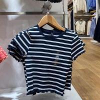ราคา UNIQLO เสื้อยืดแขนสั้นสำหรับผู้หญิงขอบเห็ดลายทางคอตตอนเอวสูง Y458265 458291 (19700450115)