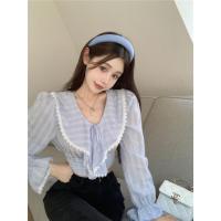 ราคา เสื้อแขนยาวผ้าชีฟองผูกโบว์สำหรับผู้หญิงอารมณ์หวานเสื้อคอวีขอบใบบัวด้านหลังเก๋ไก๋ (20056404074)