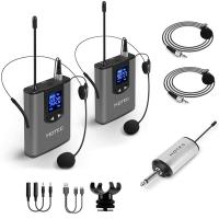 ราคา Hotec Wireless System with Dual Headset Microphones Lavalier Lapel Mics and Bodypack Transmitters and One Mini Rechargeable Receiver 1 4 Output for Live Performances silver (10884929275)