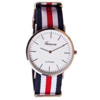 ราคา Geneva Watch นาฬิกาข้อมือผู้หญิงผู้ชาย สายผ้า สีแดงขาวน้ำเงิน ขอบเงิน (12240998673)