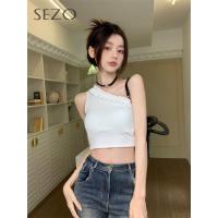 ราคา SEZO เสื้อกั๊กแขนกุดเปิดไหล่สำหรับผู้หญิงเสื้อกั๊กสลิงสั้นเปิดไหล่ (18043519757)