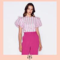 ราคา asv rs24 Suzette Puff Sleeve Top เสื้อผู้หญิง คอกลม แขนสั้นพอง แต่งระบายช่วงไหล่ ผ้าแก้วลายริ้ว (21125732473)