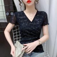 ราคา เสื้อยืดเสื้อเชิ้ตสไตล์เกาหลีแฟชั่นสีแดงสำหรับผู้หญิงเสื้อยืดเสื้อแขนสั้นรัดรูปแฟชั่นคอวีสำหรับฤดูร้อน (20431838026)