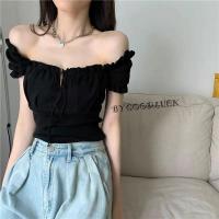 ราคา MesubShop เสื้อปาดไหล่ เสื้อไหมพรม โบว์หน้า เสื้อแขนตุ๊กตา เสื้อเปิดไหล่ ผูกโบว์หน้า เสื้อรูดๆ รุ่น B02 D503A (14358981766)