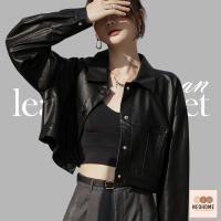 ราคา NeoHome เสื้อแจ็คเก็ตหนังสีดำ แขนยาว คอปก เสื้อแจ็คเก็ตผู้หญิง ทรงสั้น มีกระดุม (19968796732)