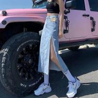 ราคา Chili Koko กระโปรงยีนส์เอวสูง กระโปรงยีนส์ยาวปานกลางผ่าข้าง แนวหวาน สไตล์เกาหลี J7003 (19582237872)